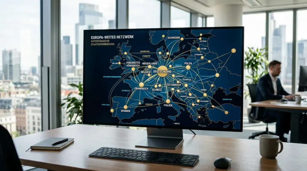 Europäische Flaggen und ein vernetztes Zahlungssystem-Diagramm auf einem Bildschirm