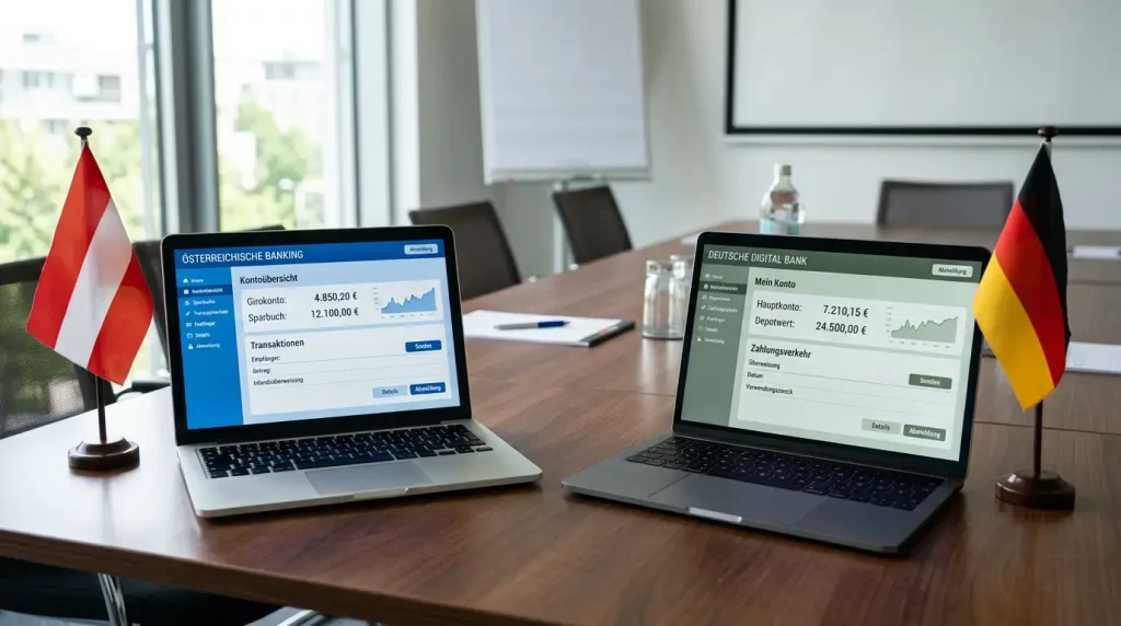 Zwei Laptops nebeneinander mit österreichischer und deutscher Flagge als Symbol für EPS und Giropay