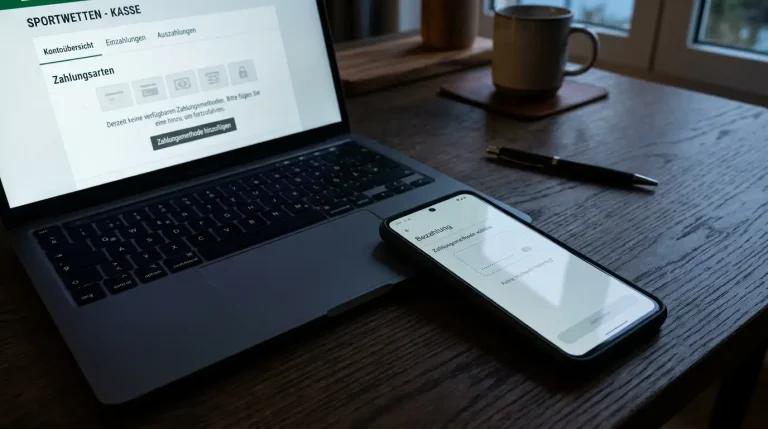 Leerer Bildschirm eines Smartphones mit einem durchgestrichenen Giropay-Logo auf einem Schreibtisch neben einer Sportwetten-Kasse