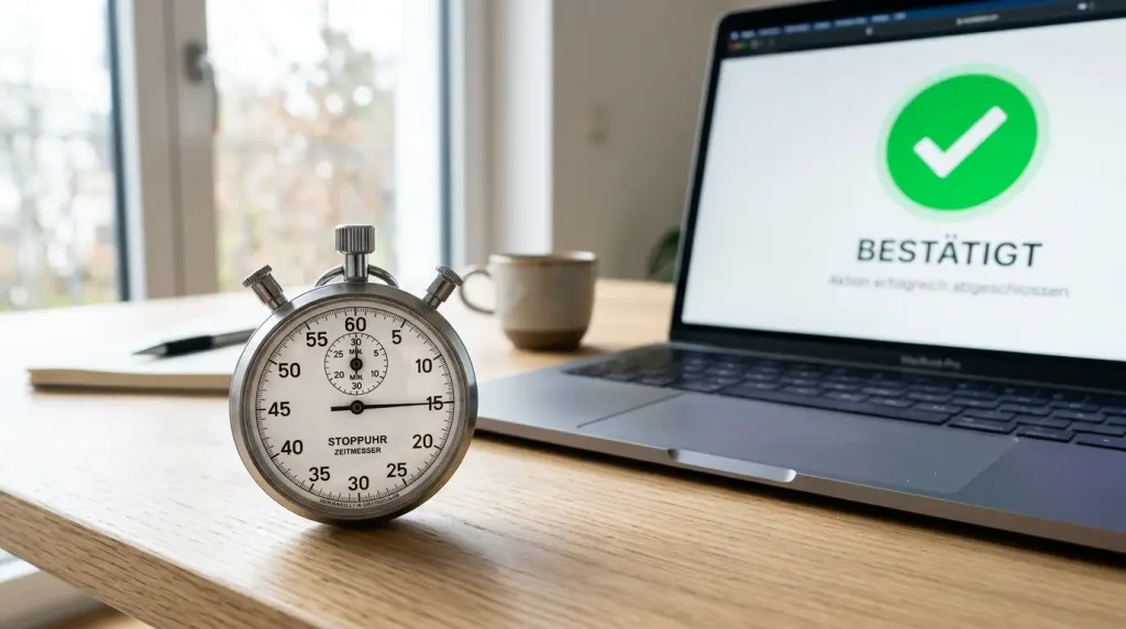 Stoppuhr neben einem Laptop mit einer sofortigen Einzahlungsbestätigung auf dem Bildschirm