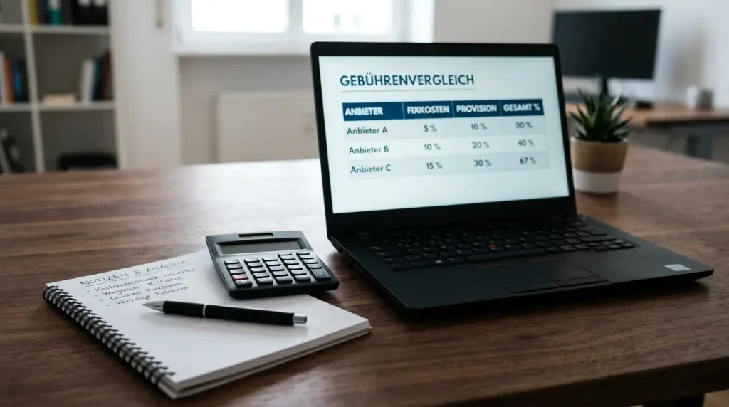 Taschenrechner und Euroscheine auf einem Schreibtisch mit Gebührenübersicht auf dem Bildschirm