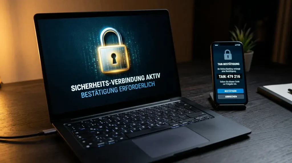 Sicherheitsschloss-Symbol auf einem Bildschirm neben einem Smartphone mit TAN-Eingabe