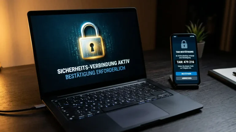 Sicherheitsschloss-Symbol auf einem Bildschirm neben einem Smartphone mit TAN-Eingabe