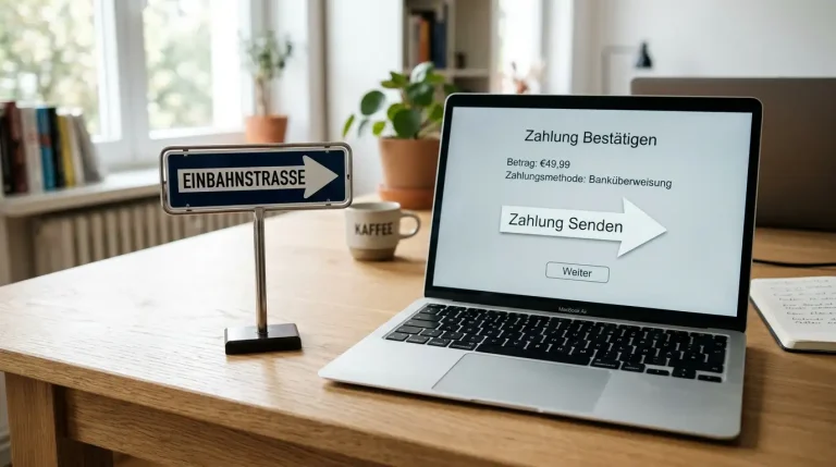 Einbahnstraßenschild neben einem Online-Banking-Bildschirm als Symbol für die fehlende Auszahlungsfunktion