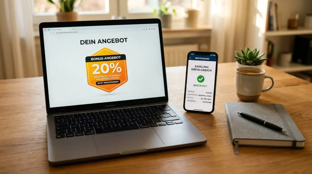 Sportwetten-Bonusangebot auf einem Bildschirm neben einer Banking-Einzahlungsbestätigung