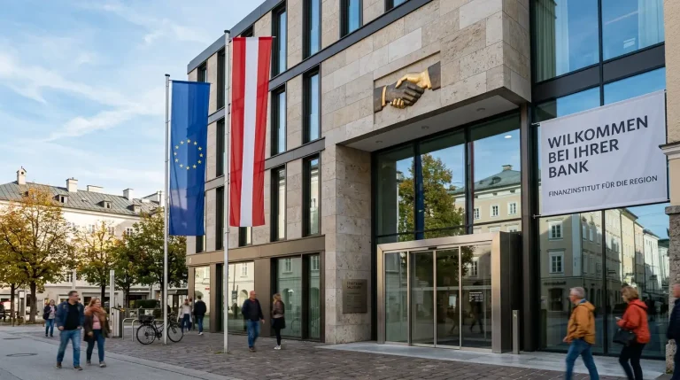 Bankgebäude in Österreich mit einem Handshake-Symbol als Zeichen der EPI-Mitgliedschaft