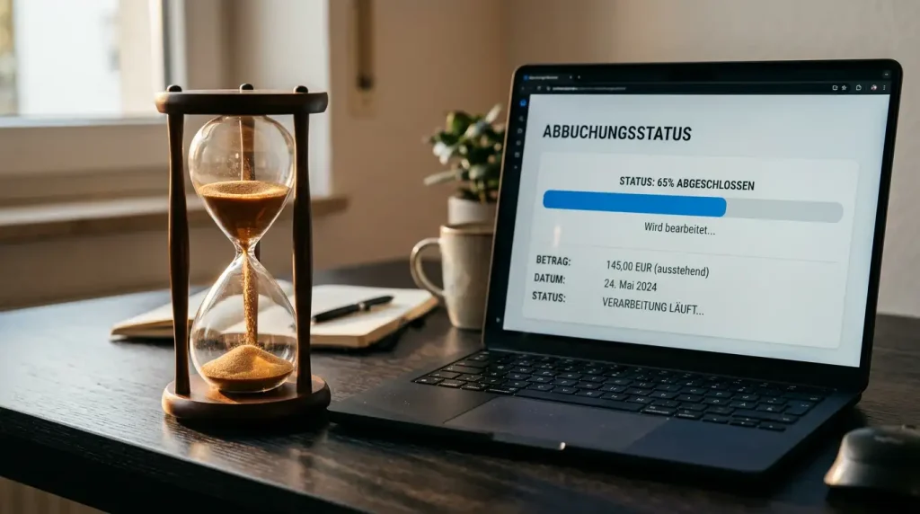 Sanduhr neben einem Laptop mit einer Auszahlungsübersicht bei Sportwetten