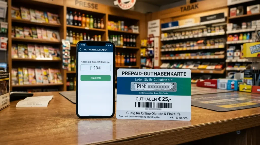 Prepaid-Voucher-Karte auf einer Ladentheke neben einem Smartphone mit Sportwetten-Einzahlung