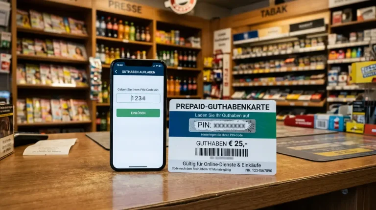 Prepaid-Voucher-Karte auf einer Ladentheke neben einem Smartphone mit Sportwetten-Einzahlung