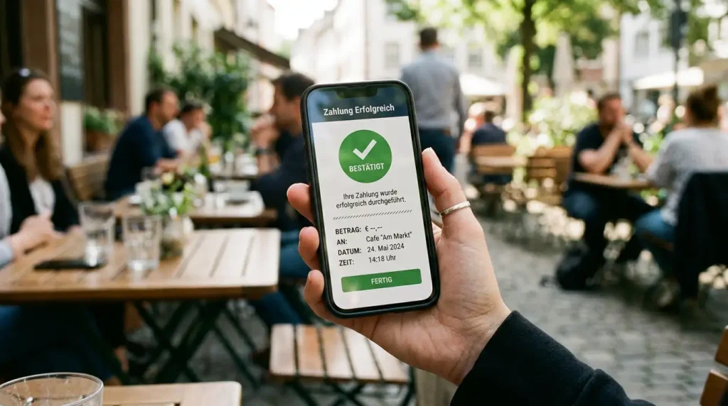 Smartphone in einer Hand mit einer mobilen Banking-Einzahlung für Sportwetten auf dem Bildschirm