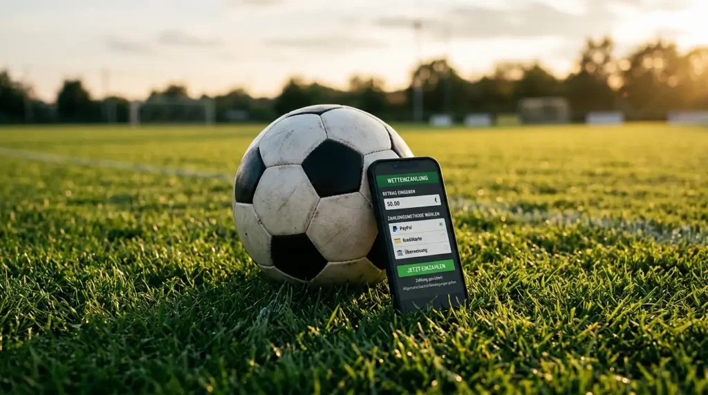 Fußball auf einem Rasenfeld neben einem Smartphone mit einer Sportwetten-Einzahlungsseite