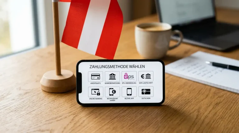 Verschiedene Zahlungsmethoden-Symbole auf einem Smartphone mit österreichischer Flagge im Hintergrund
