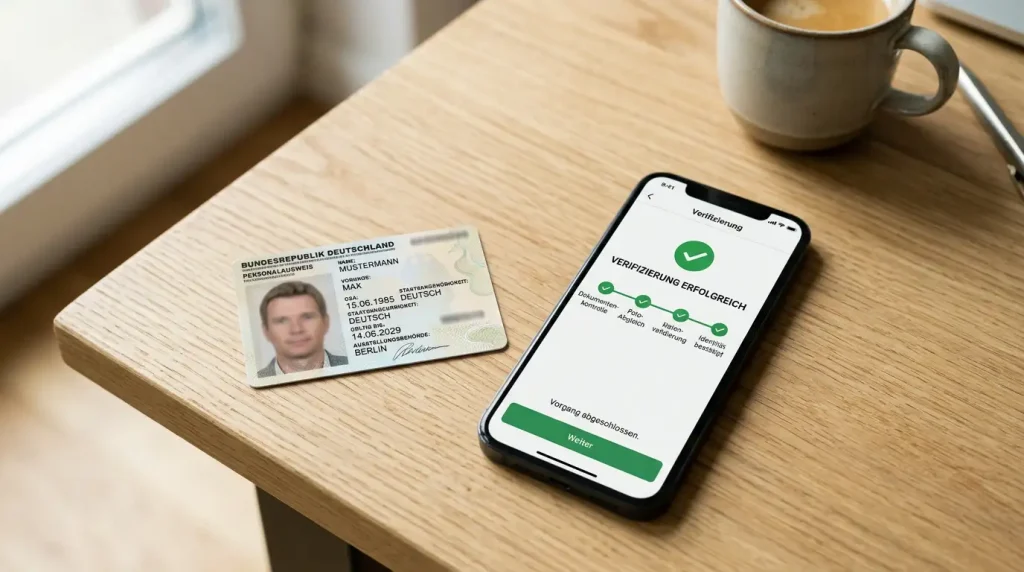 Personalausweis neben einem Smartphone mit Verifizierungsbildschirm bei einem Wettanbieter
